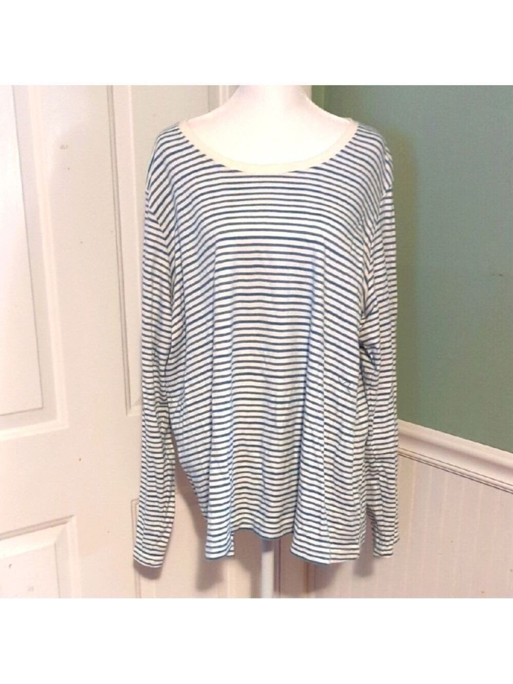Basic Editions Women Plus Long Sleeve Shirt Blue White Stripes 2X